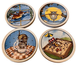 Set of 4 Gary Patterson Cartoon Cat Non-Slip Ceramic Coasters by Clay Design